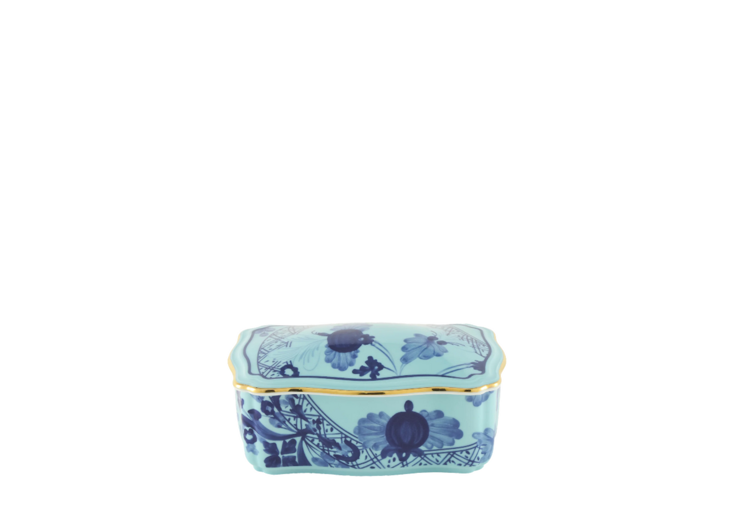 Iris rectangular porcelain box with cover from the Oriente Italiano collection, featuring a blue carnation motif on iris blue porcelain with hand-painted gold threading. Box measures 5.5 inches.