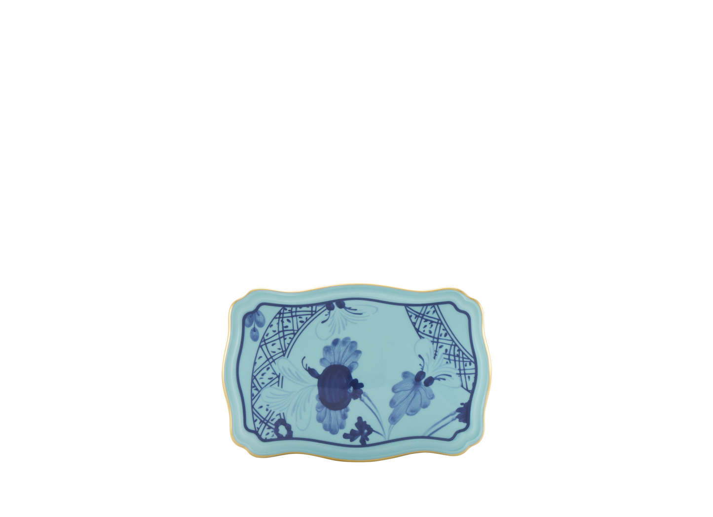 Iris rectangular porcelain box with cover from the Oriente Italiano collection, featuring a blue carnation motif on iris blue porcelain with hand-painted gold threading. Box measures 5.5 inches.