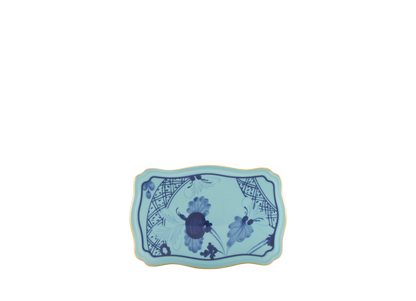 Iris rectangular porcelain box with cover from the Oriente Italiano collection, featuring a blue carnation motif on iris blue porcelain with hand-painted gold threading. Box measures 5.5 inches.