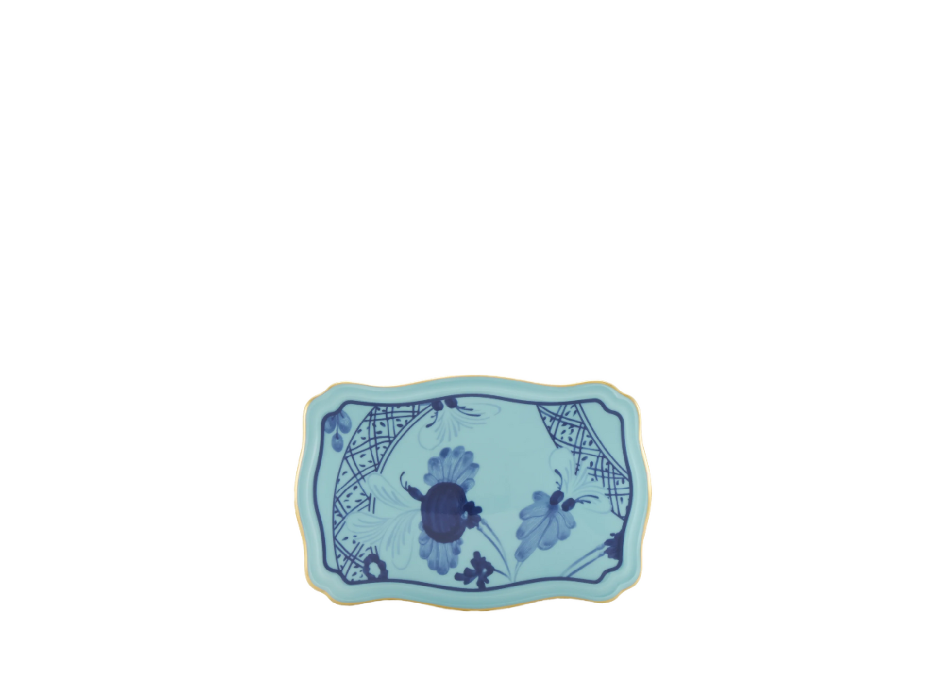 Iris rectangular porcelain box with cover from the Oriente Italiano collection, featuring a blue carnation motif on iris blue porcelain with hand-painted gold threading. Box measures 5.5 inches.