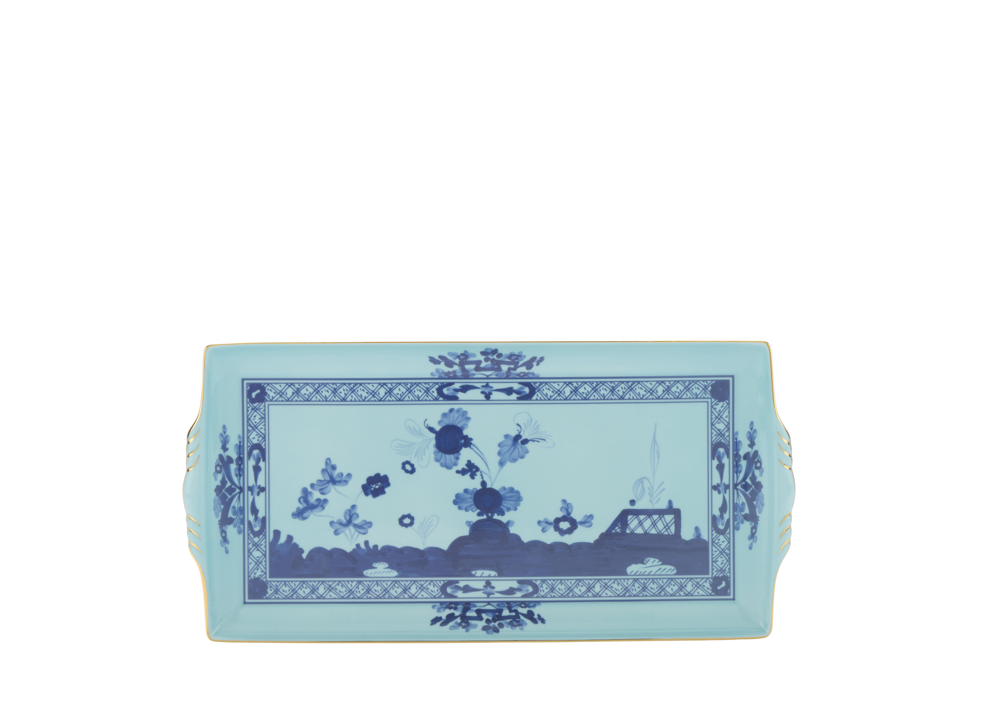 Iris rectangular tray with handles from the Oriente Italiano collection, featuring a blue carnation motif on iris blue porcelain with gold threading along the Antico Doccia shape. Tray measures 13.2 x 7 inches