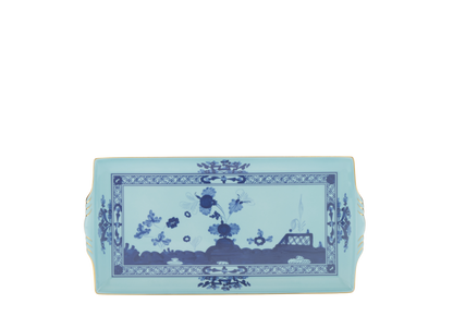 Iris rectangular tray with handles from the Oriente Italiano collection, featuring a blue carnation motif on iris blue porcelain with gold threading along the Antico Doccia shape. Tray measures 13.2 x 7 inches