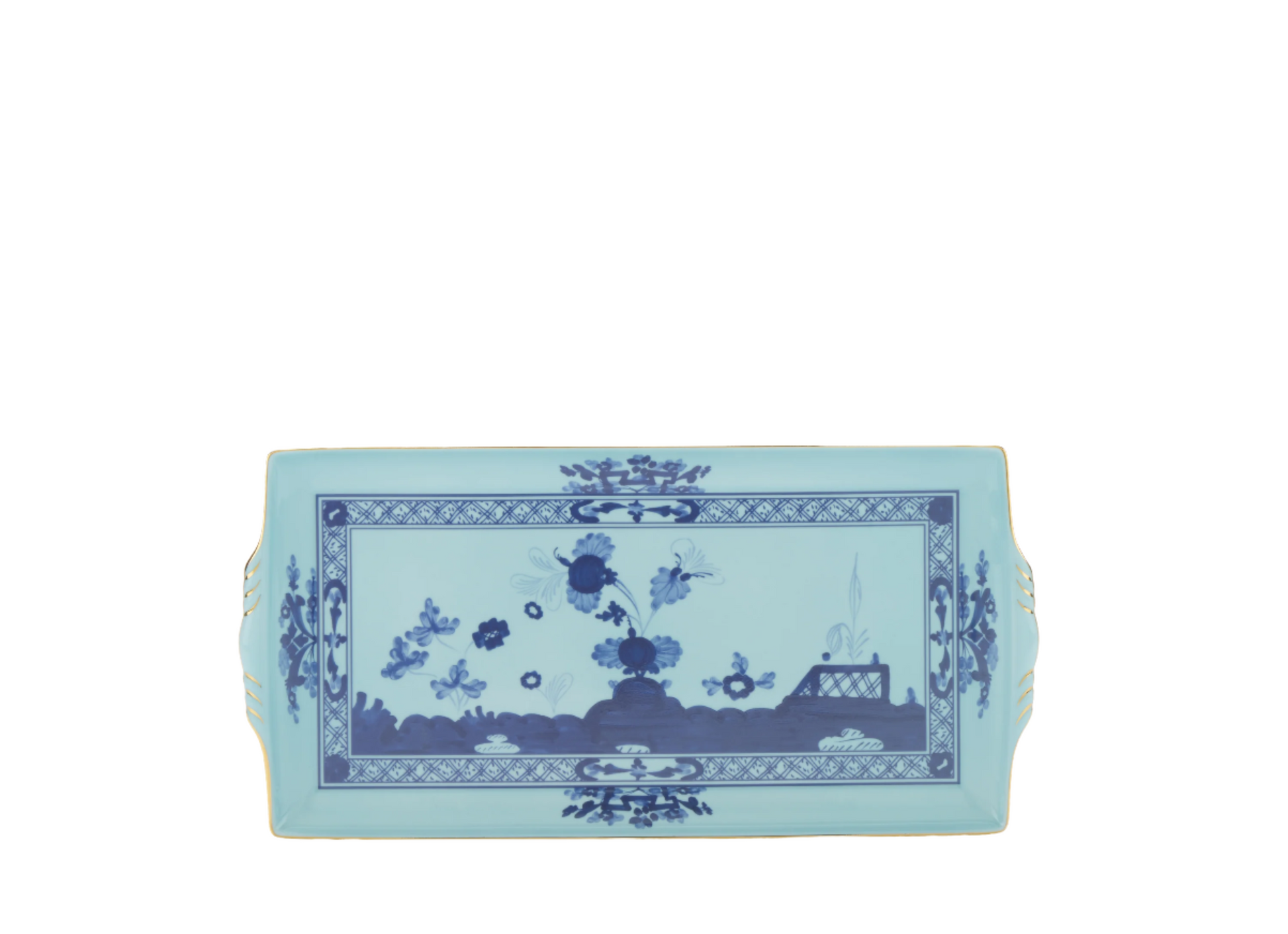 Iris rectangular tray with handles from the Oriente Italiano collection, featuring a blue carnation motif on iris blue porcelain with gold threading along the Antico Doccia shape. Tray measures 13.2 x 7 inches