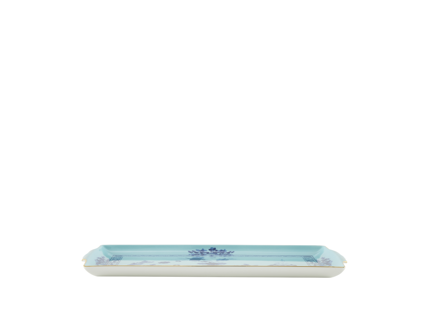 Iris rectangular tray with handles from the Oriente Italiano collection, featuring a blue carnation motif on iris blue porcelain with gold threading along the Antico Doccia shape. Tray measures 13.2 x 7 inches