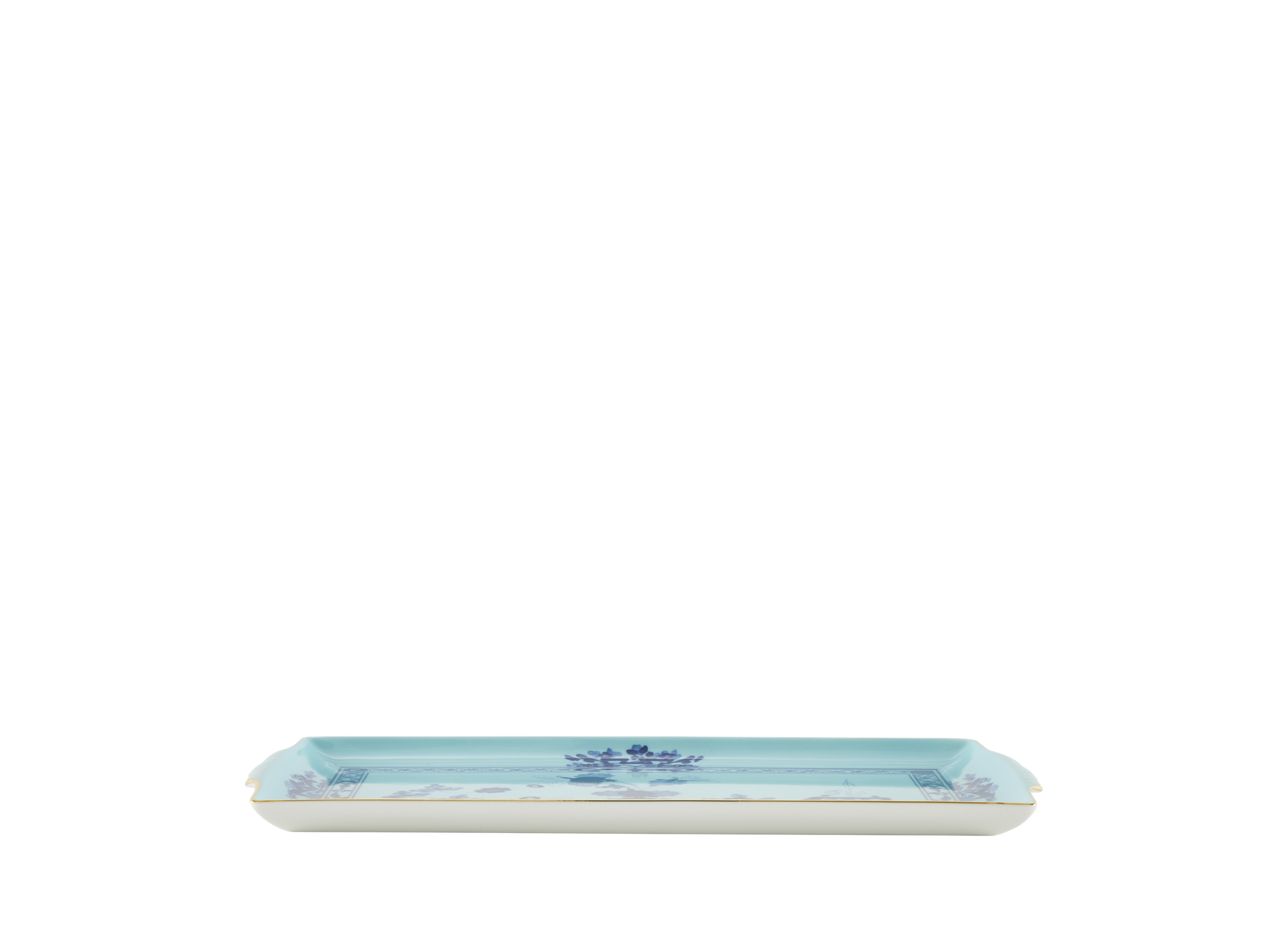 Iris rectangular tray with handles from the Oriente Italiano collection, featuring a blue carnation motif on iris blue porcelain with gold threading along the Antico Doccia shape. Tray measures 13.2 x 7 inches