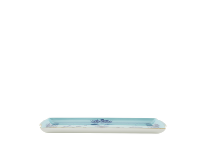 Iris rectangular tray with handles from the Oriente Italiano collection, featuring a blue carnation motif on iris blue porcelain with gold threading along the Antico Doccia shape. Tray measures 13.2 x 7 inches