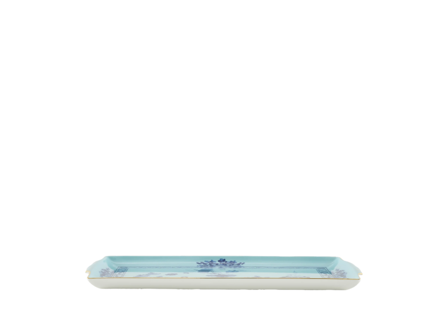 Iris rectangular tray with handles from the Oriente Italiano collection, featuring a blue carnation motif on iris blue porcelain with gold threading along the Antico Doccia shape. Tray measures 13.2 x 7 inches