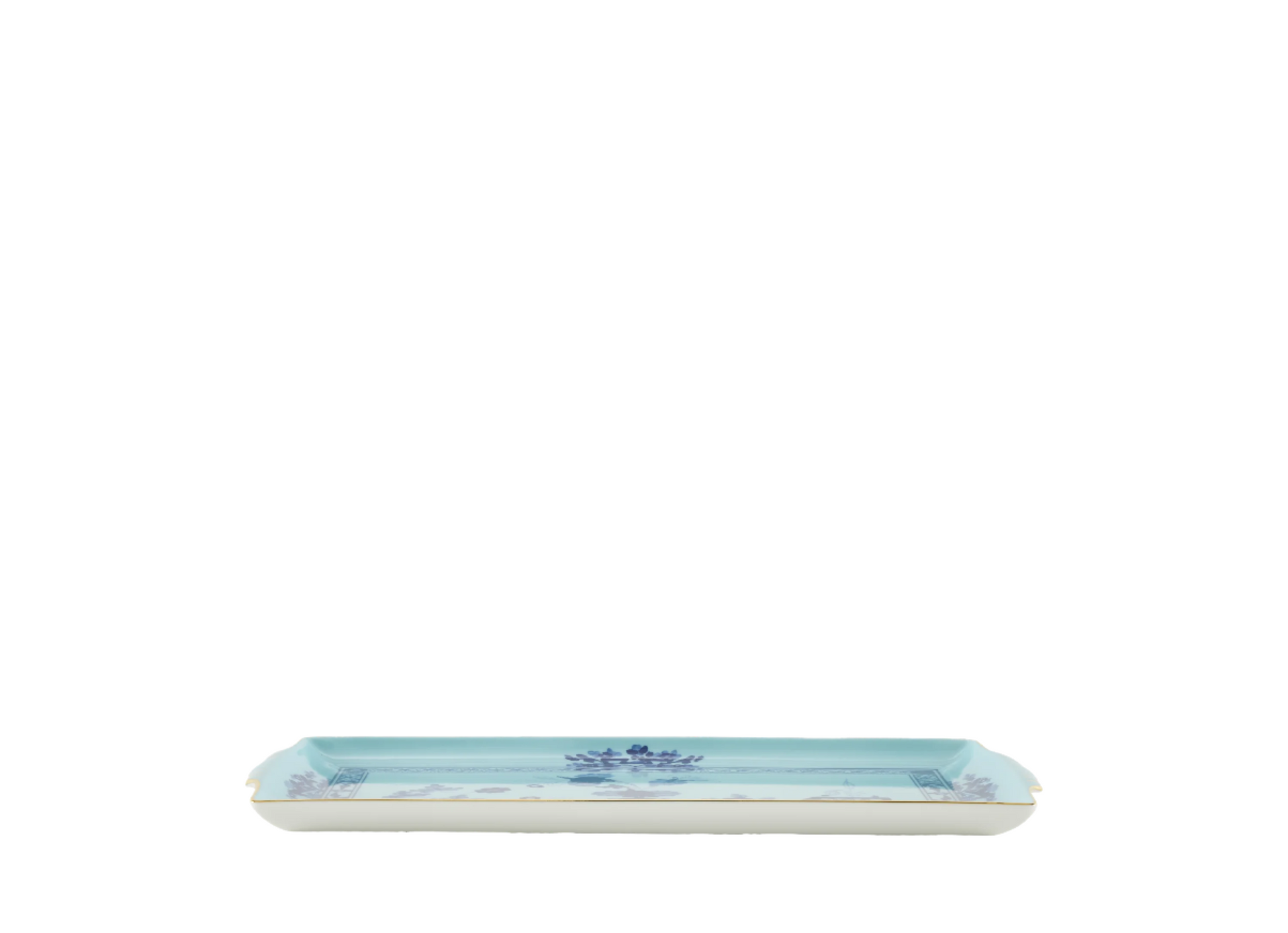 Iris rectangular tray with handles from the Oriente Italiano collection, featuring a blue carnation motif on iris blue porcelain with gold threading along the Antico Doccia shape. Tray measures 13.2 x 7 inches