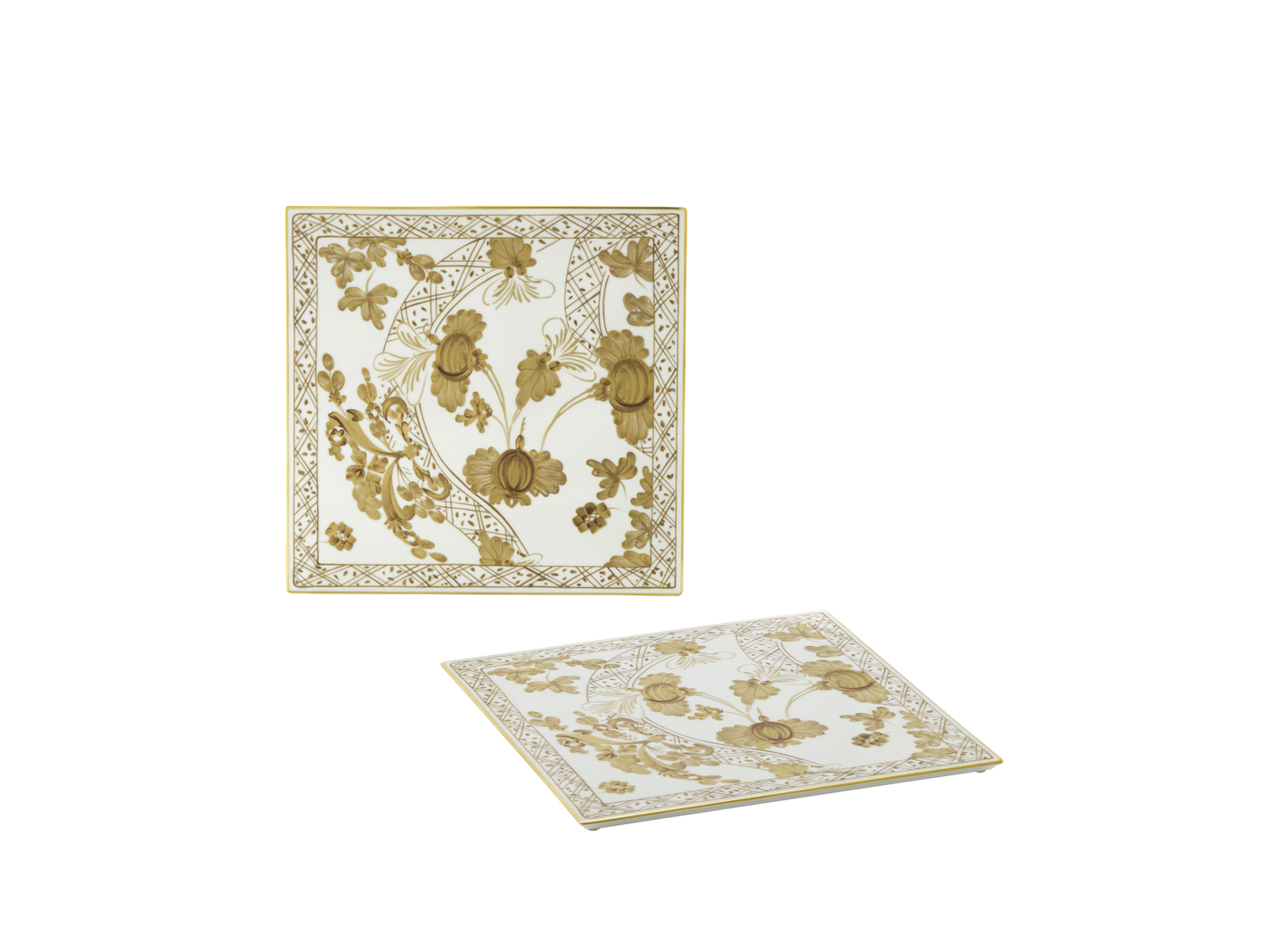 Set of 2 square porcelain placemats in Aurum from the Oriente Italiano Gold Collection, featuring a hand-painted pure gold floral motif on fine white porcelain