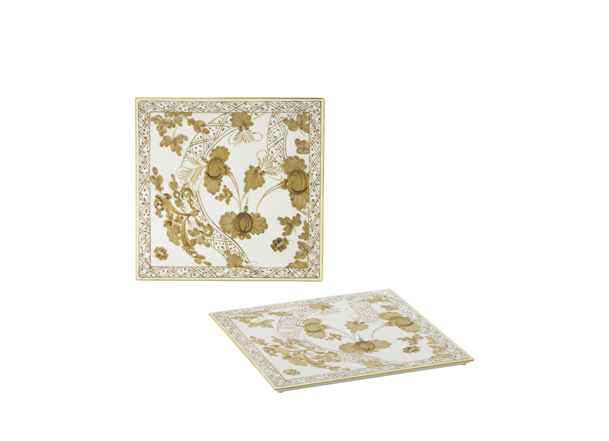 Set of 2 square porcelain placemats in Aurum from the Oriente Italiano Gold Collection, featuring a hand-painted pure gold floral motif on fine white porcelain