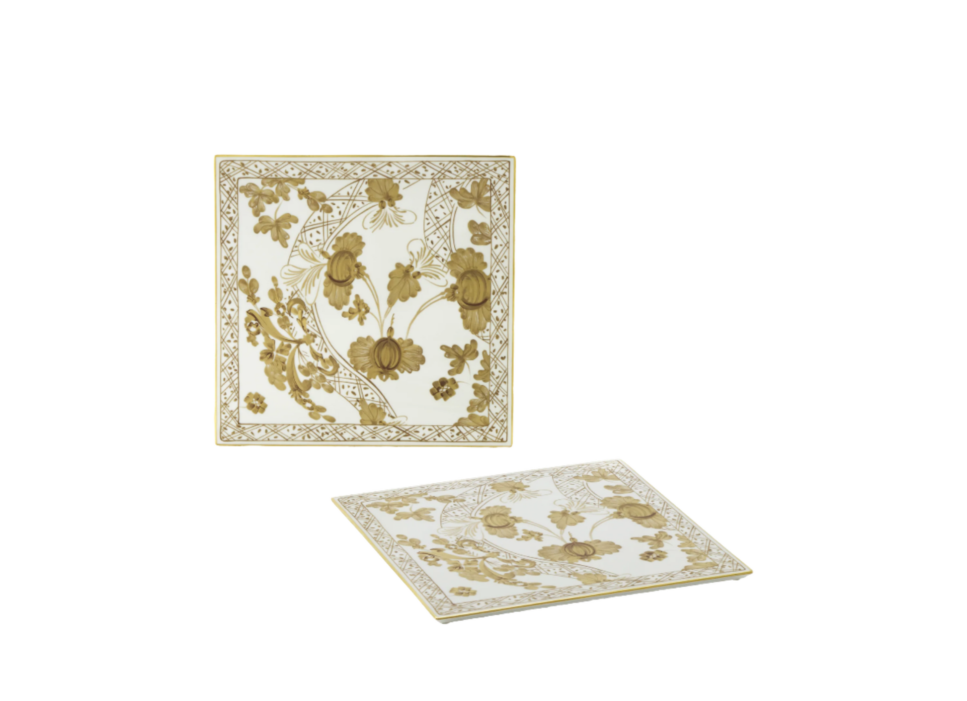 Set of 2 square porcelain placemats in Aurum from the Oriente Italiano Gold Collection, featuring a hand-painted pure gold floral motif on fine white porcelain