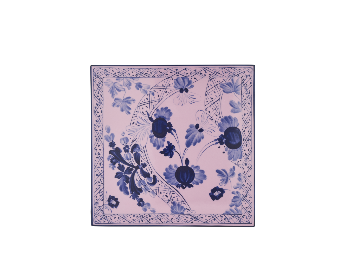 Set of 2 square porcelain placemats in Azalea from the Oriente Italiano collection, featuring a blue carnation motif with hand-painted gold threading against azalea pink porcelain