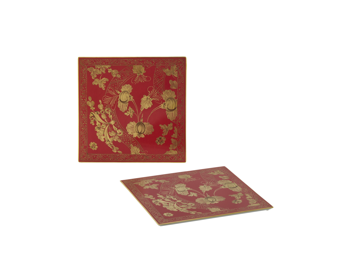 Set of 2 square porcelain placemats in Rubrum from the Oriente Italiano Gold Collection, featuring a red floral Garofano (Carnation) design with hand-painted pure gold accents.