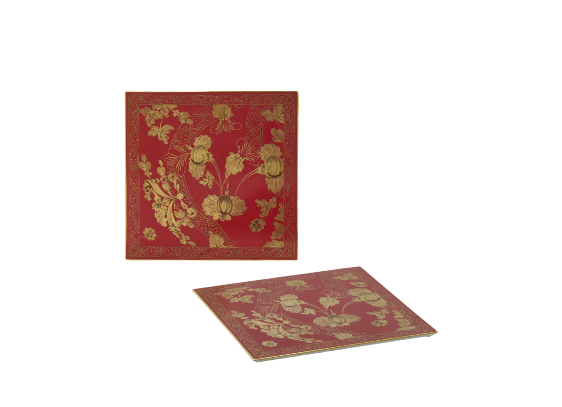 Set of 2 square porcelain placemats in Rubrum from the Oriente Italiano Gold Collection, featuring a red floral Garofano (Carnation) design with hand-painted pure gold accents.