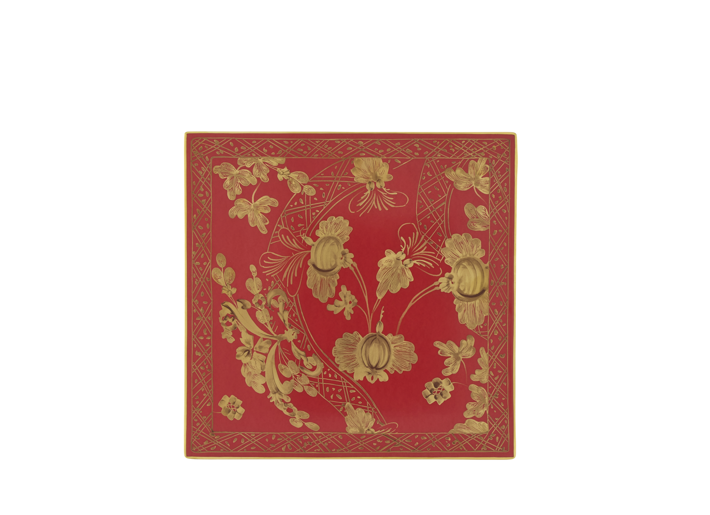 Set of 2 square porcelain placemats in Rubrum from the Oriente Italiano Gold Collection, featuring a red floral Garofano (Carnation) design with hand-painted pure gold accents. Single view.