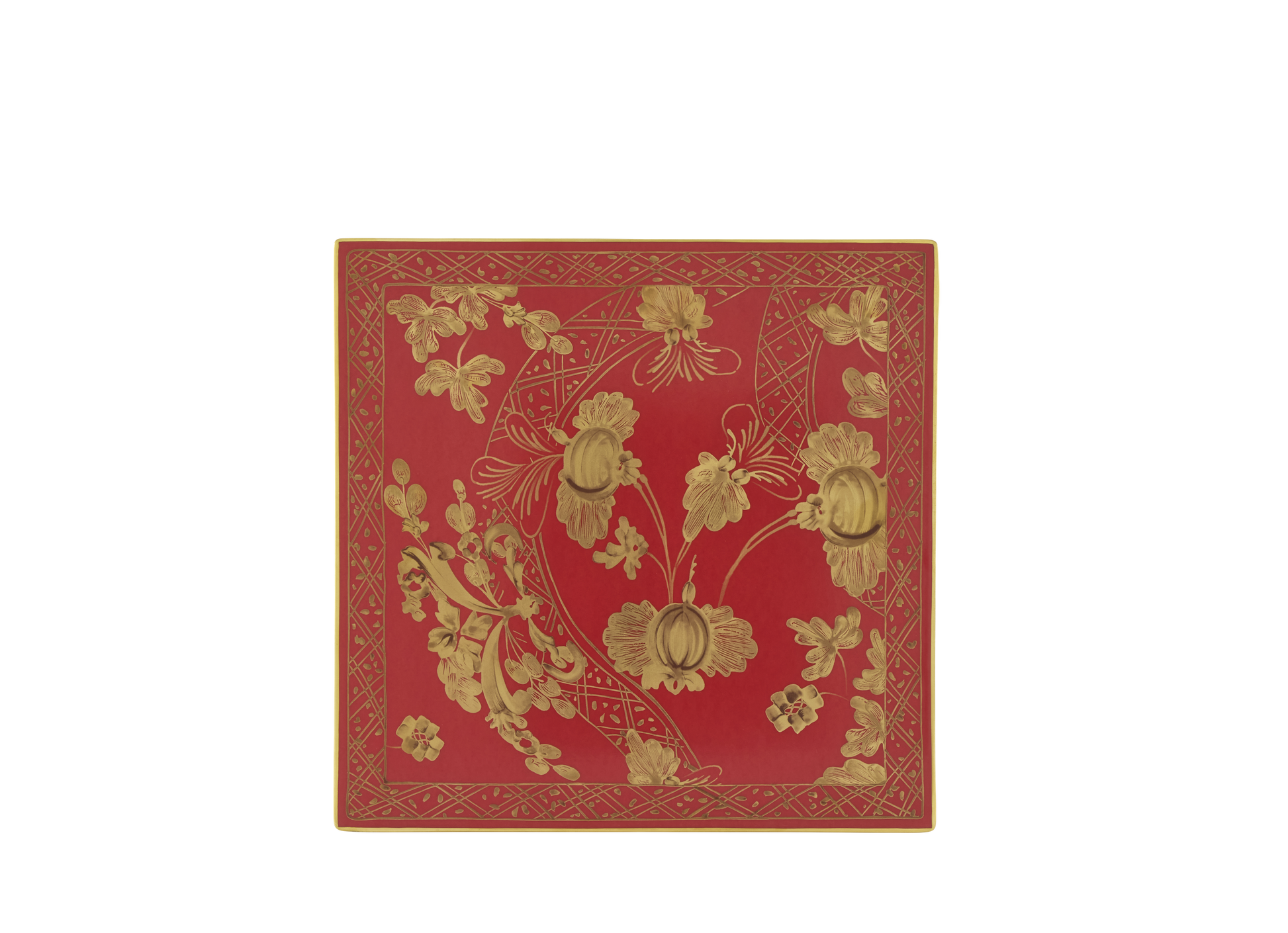 Set of 2 square porcelain placemats in Rubrum from the Oriente Italiano Gold Collection, featuring a red floral Garofano (Carnation) design with hand-painted pure gold accents. Single view.