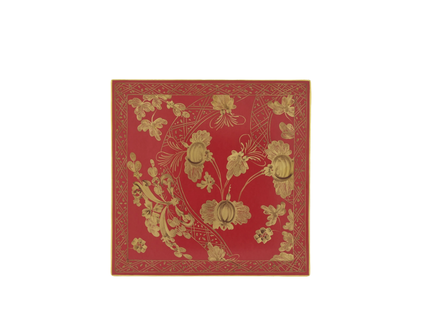 Set of 2 square porcelain placemats in Rubrum from the Oriente Italiano Gold Collection, featuring a red floral Garofano (Carnation) design with hand-painted pure gold accents. single view