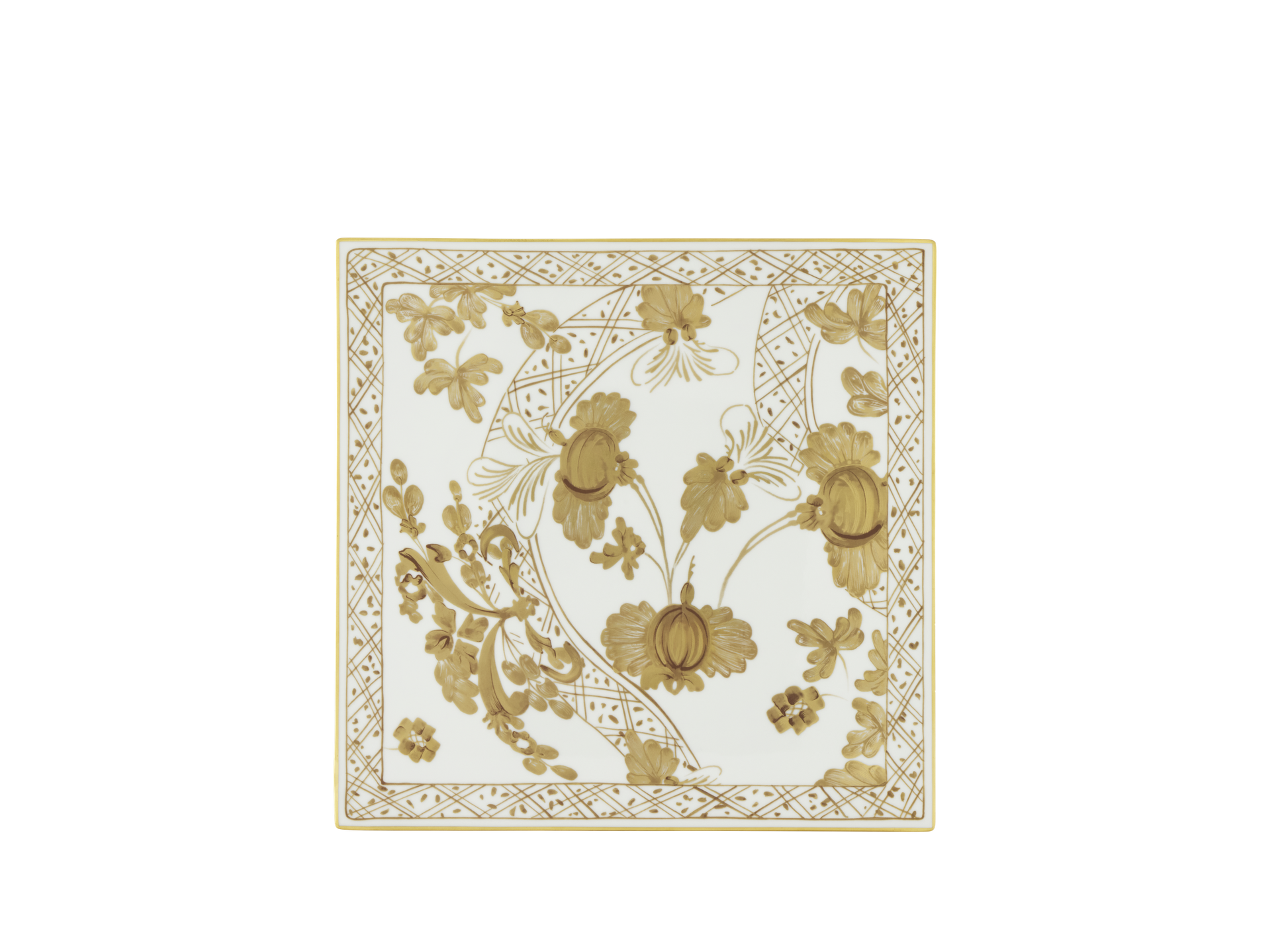 Set of 2 square porcelain placemats in Aurum from the Oriente Italiano Gold Collection, featuring a hand-painted pure gold floral motif on fine white porcelain front view