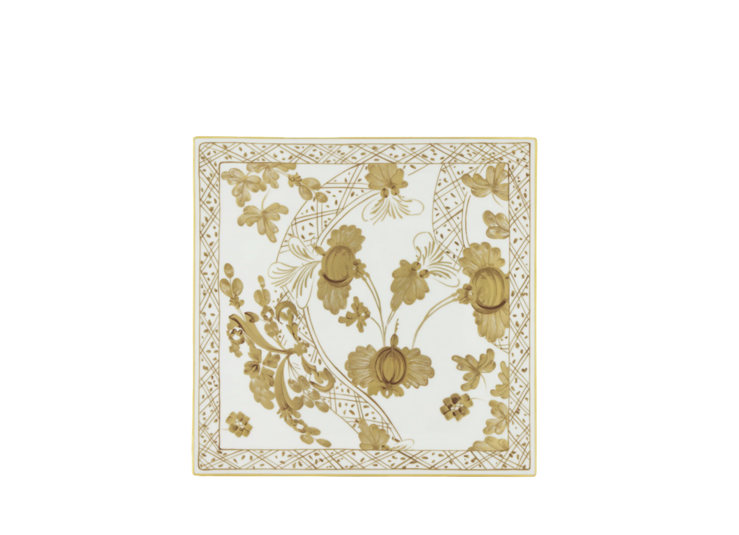 Set of 2 square porcelain placemats in Aurum from the Oriente Italiano Gold Collection, featuring a hand-painted pure gold floral motif on fine white porcelain front view