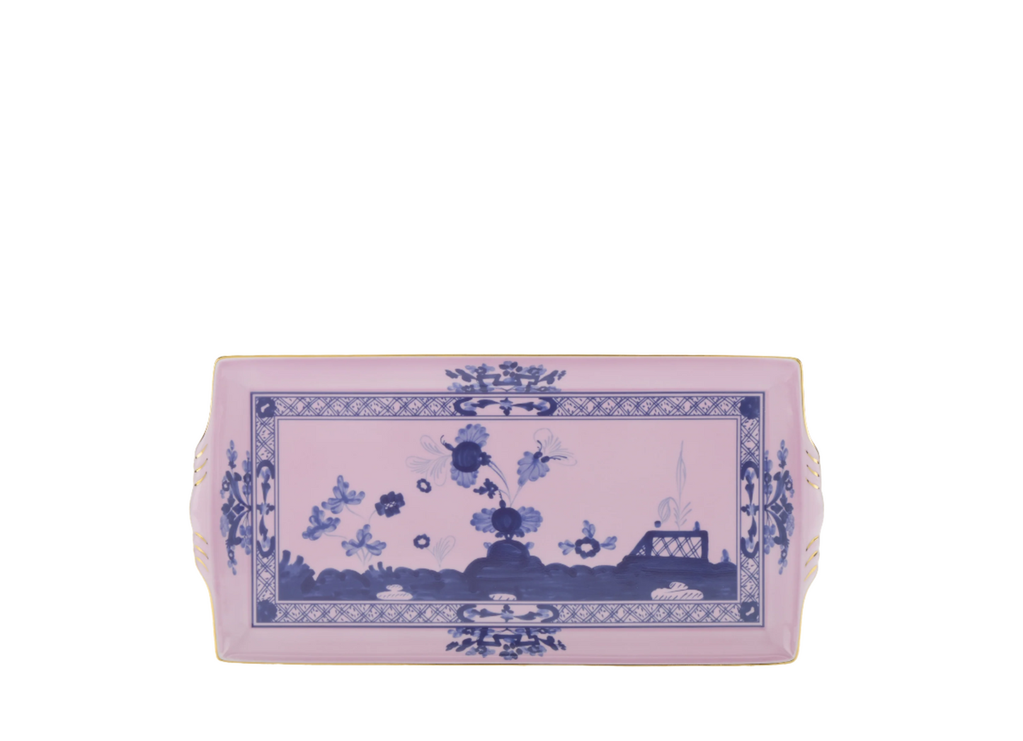 Azalea rectangular tray with handles in porcelain with threading in gold. Oriente Italiano collection.