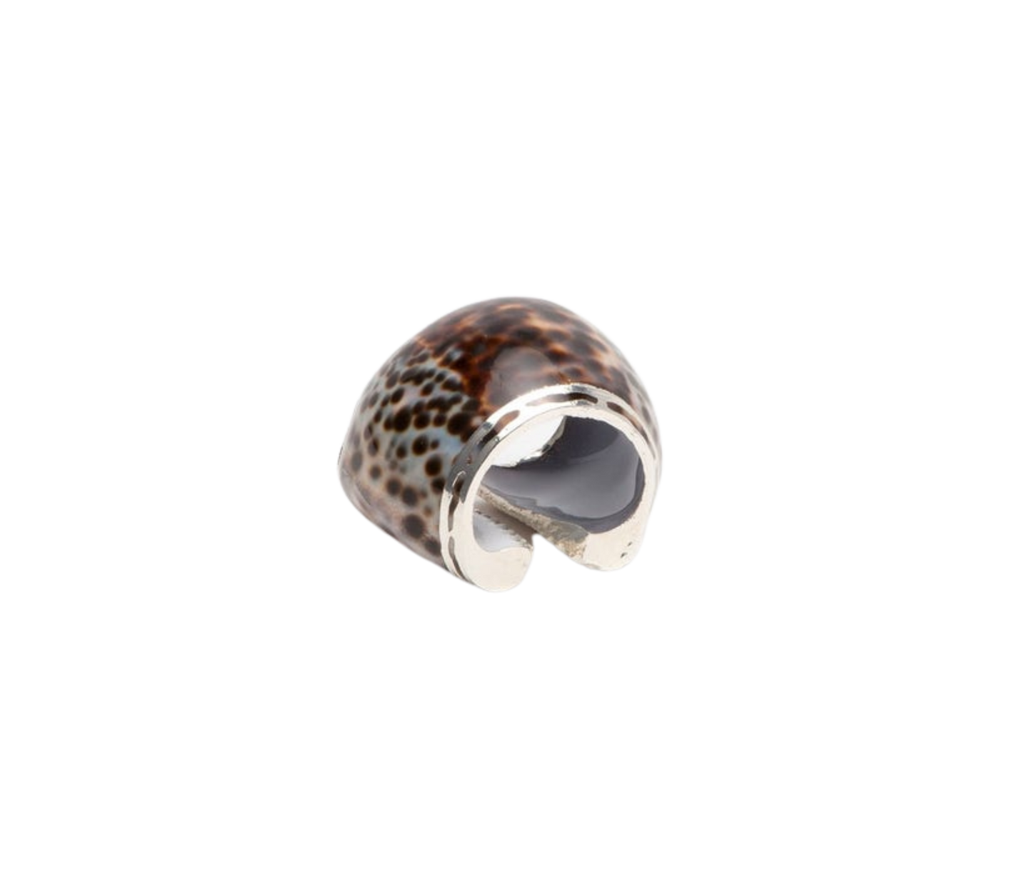 Olivia Tiger Cowrie Shell Napkin Rings, set of 4, featuring wide cowrie shells with silver accents. Stylish and easy to clean, perfect for sophisticated table settings.