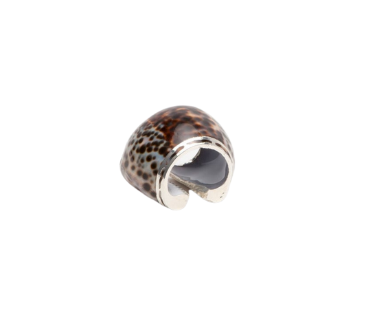 Olivia Tiger Cowrie Shell Napkin Rings, set of 4, featuring wide cowrie shells with silver accents. Stylish and easy to clean, perfect for sophisticated table settings.