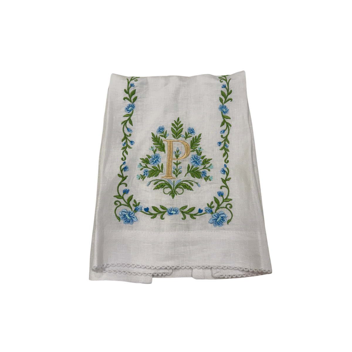 Floral Embroidered Monogram Linen Towel - Blue