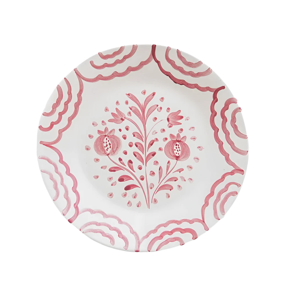 Set of 2 Duet Rose Salad Plates, hand-painted with intricate rosy pink pomegranate and floral designs. Made from 100% ceramic, these elegant plates are microwave and dishwasher safe. Each plate measures 8.25" in diameter, made in Portugal.