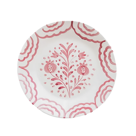 Set of 2 Duet Rose Salad Plates, hand-painted with intricate rosy pink pomegranate and floral designs. Made from 100% ceramic, these elegant plates are microwave and dishwasher safe. Each plate measures 8.25" in diameter, made in Portugal.