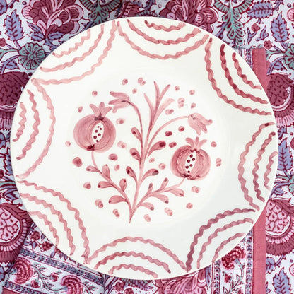 Set of 2 Duet Rose Salad Plates, hand-painted with intricate rosy pink pomegranate and floral designs. Made from 100% ceramic, these elegant plates are microwave and dishwasher safe. Each plate measures 8.25" in diameter, made in Portugal.