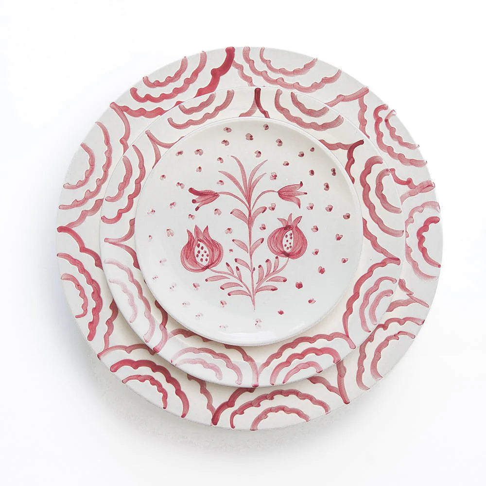 Set of 2 Duet Rose Salad Plates, hand-painted with intricate rosy pink pomegranate and floral designs. Made from 100% ceramic, these elegant plates are microwave and dishwasher safe. Each plate measures 8.25" in diameter, made in Portugal.