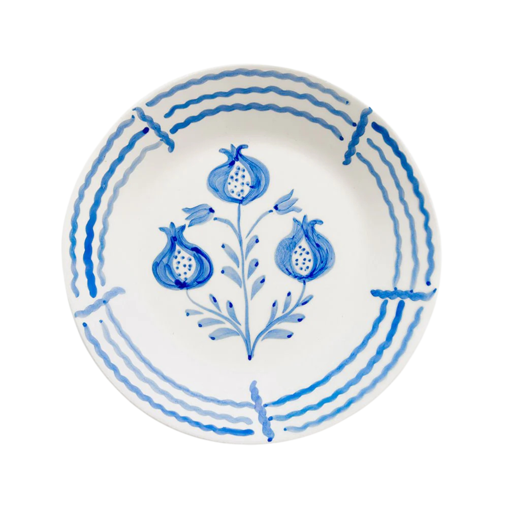 Set of 2 hand-painted Pomegranate Trio Sketch Cobalt Blue Salad Plates featuring intricate pomegranate designs framed by decorative blue lines. Made from 100% ceramic, microwave and dishwasher safe. Each plate measures 8.25" in diameter. Crafted in Portugal.