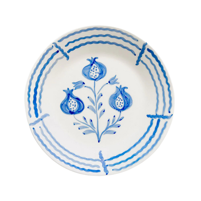 Set of 2 hand-painted Pomegranate Trio Sketch Cobalt Blue Salad Plates featuring intricate pomegranate designs framed by decorative blue lines. Made from 100% ceramic, microwave and dishwasher safe. Each plate measures 8.25" in diameter. Crafted in Portugal.