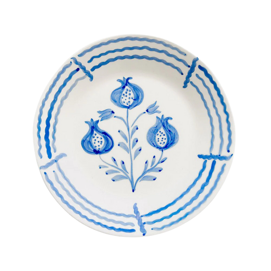 Set of 2 hand-painted Pomegranate Trio Sketch Cobalt Blue Salad Plates featuring intricate pomegranate designs framed by decorative blue lines. Made from 100% ceramic, microwave and dishwasher safe. Each plate measures 8.25" in diameter. Crafted in Portugal.