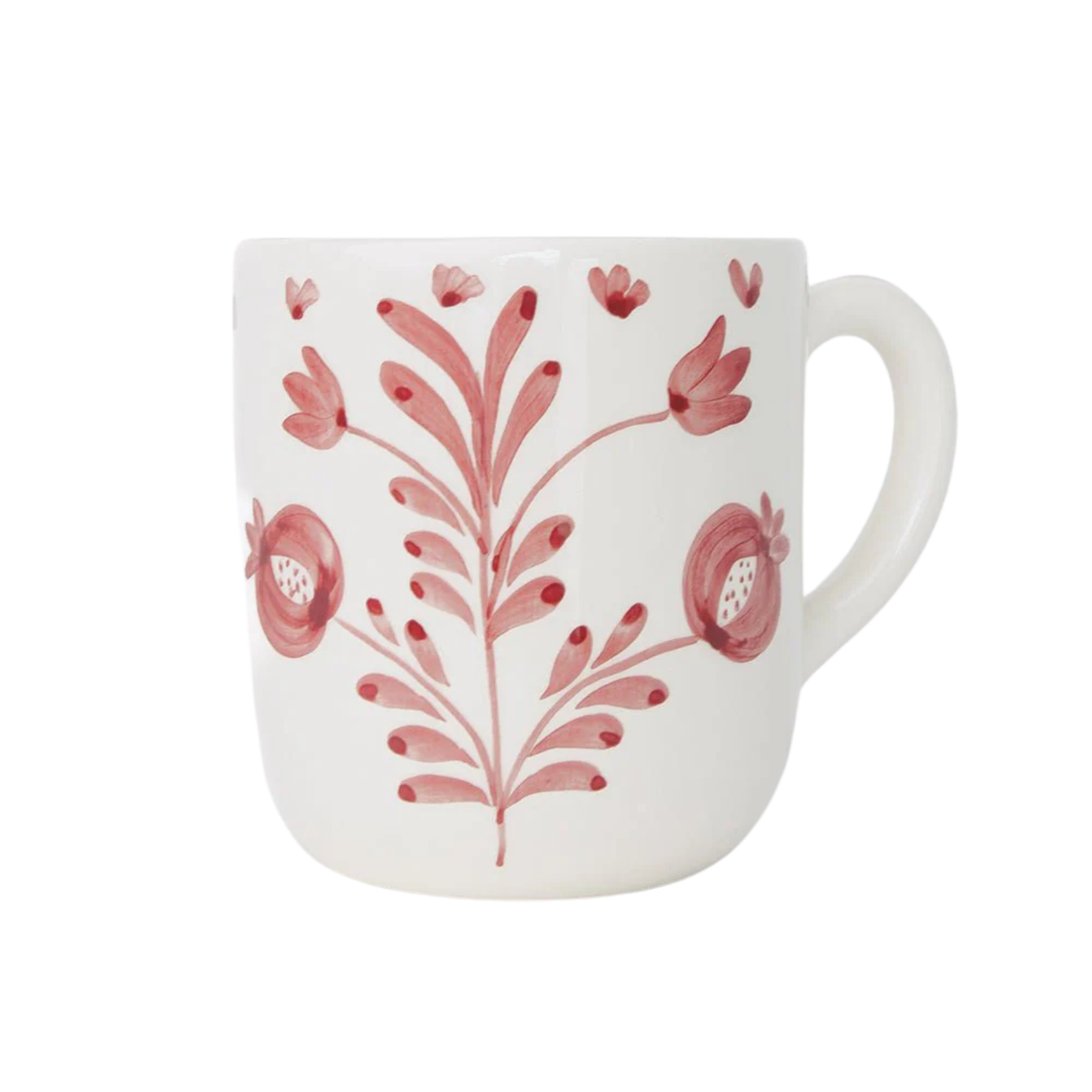 Set of 2 Pomegranate Duet Rose Mugs featuring hand-painted pomegranate designs and soft floral elements in rose pink. Each mug is 100% ceramic, microwave and dishwasher safe. Perfect for enjoying tea, coffee, or hot cocoa. Made in Portugal