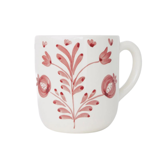 Set of 2 Pomegranate Duet Rose Mugs featuring hand-painted pomegranate designs and soft floral elements in rose pink. Each mug is 100% ceramic, microwave and dishwasher safe. Perfect for enjoying tea, coffee, or hot cocoa. Made in Portugal