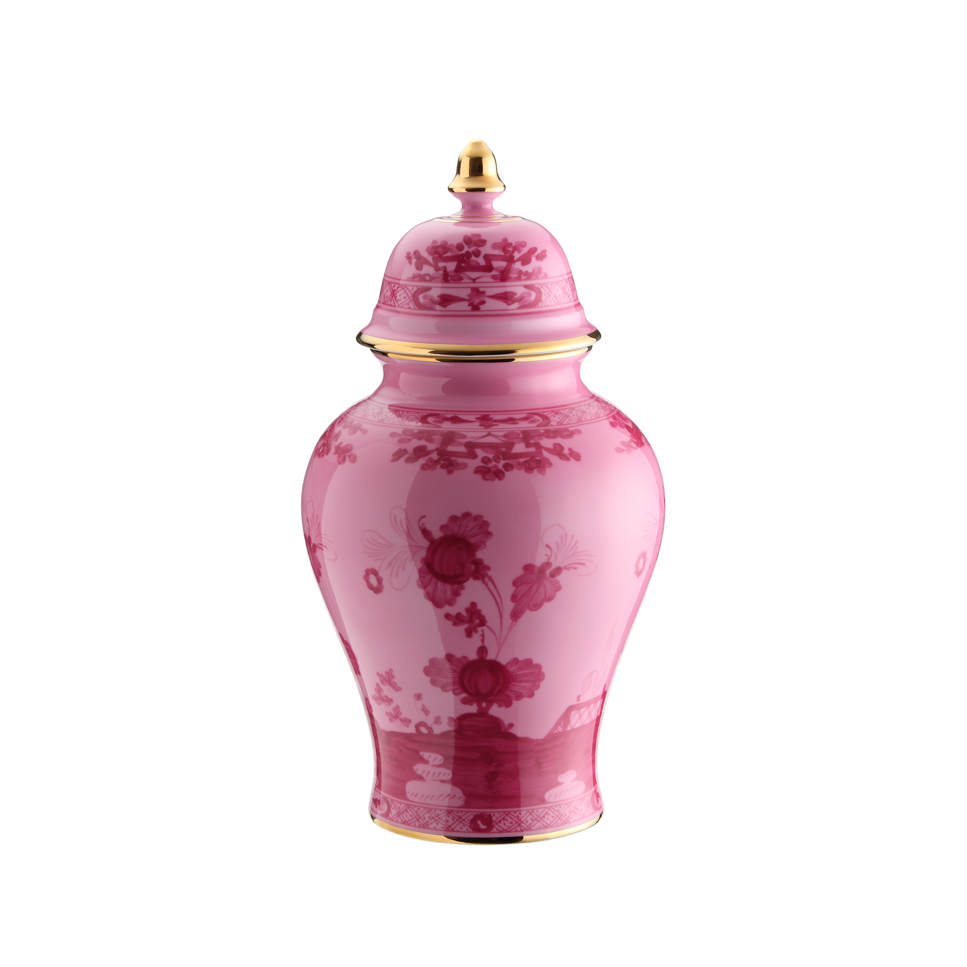 Porpora Potiche vase in porcelain with gold threading from the Oriente Italiano collection. Features the celebrated carnation motif in purple-pink porcelain, with exquisite gold threading on the vase and lid pommel