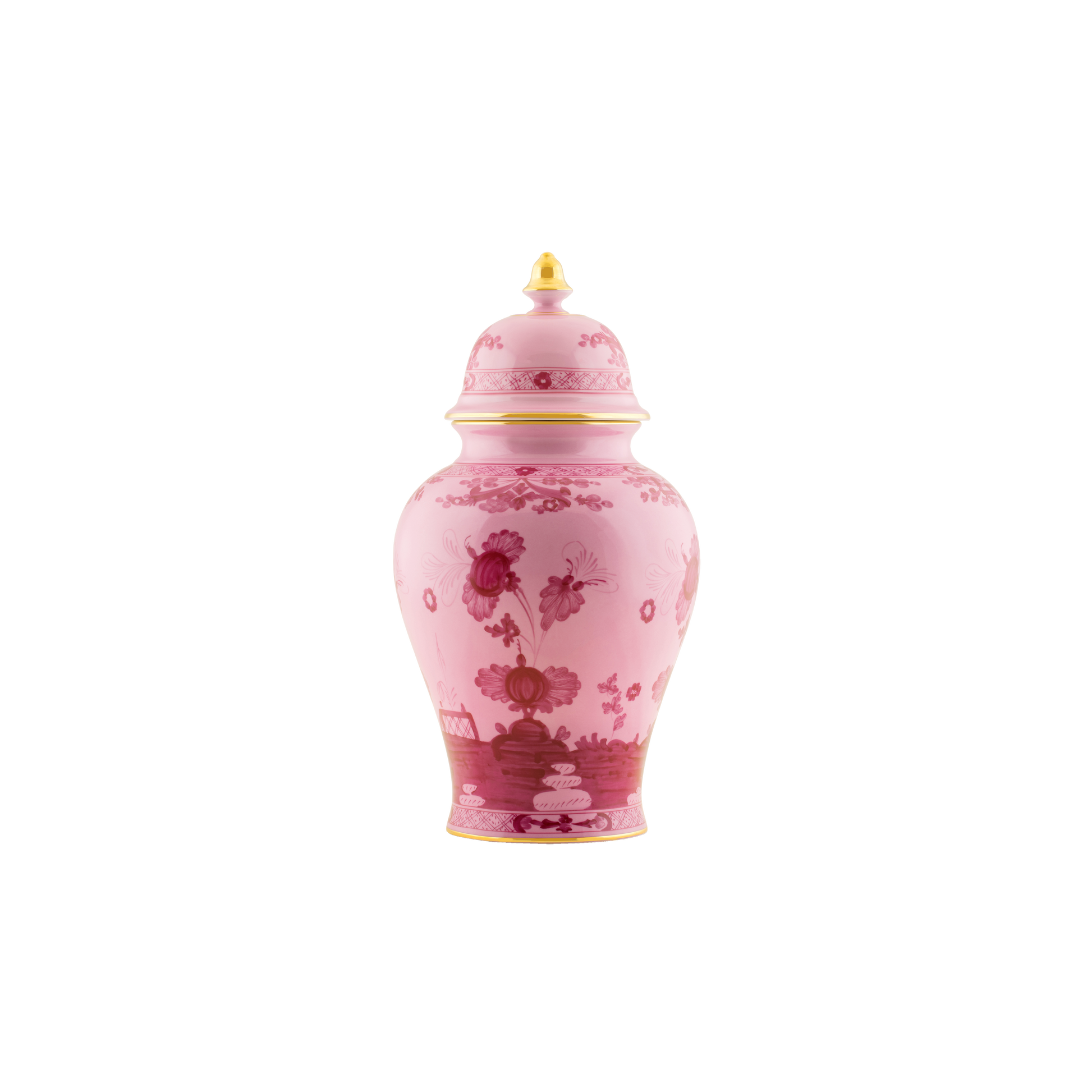 Porpora Potiche vase in porcelain with gold threading from the Oriente Italiano collection. Features the celebrated carnation motif in purple-pink porcelain, with exquisite gold threading on the vase and lid pommel