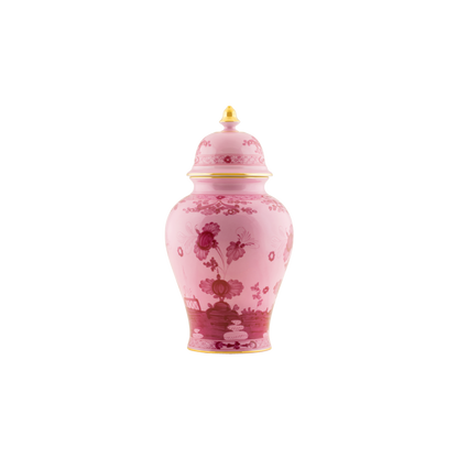 Porpora Potiche vase in porcelain with gold threading from the Oriente Italiano collection. Features the celebrated carnation motif in purple-pink porcelain, with exquisite gold threading on the vase and lid pommel