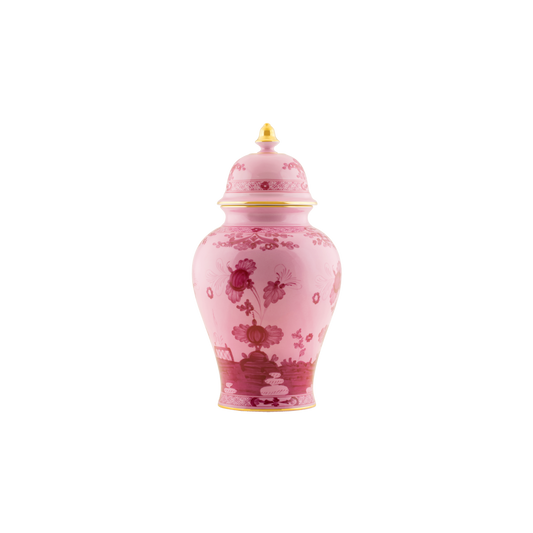 Porpora Potiche vase in porcelain with gold threading from the Oriente Italiano collection. Features the celebrated carnation motif in purple-pink porcelain, with exquisite gold threading on the vase and lid pommel