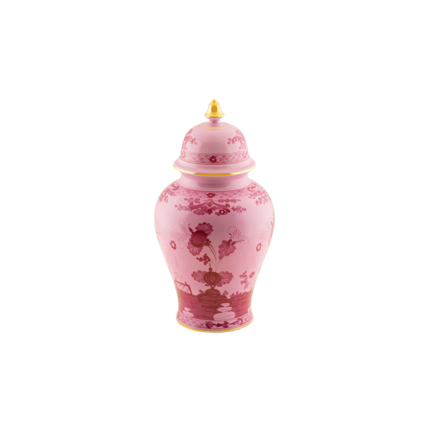 Porpora Potiche vase in porcelain with gold threading from the Oriente Italiano collection. Features the celebrated carnation motif in purple-pink porcelain, with exquisite gold threading on the vase and lid pommel