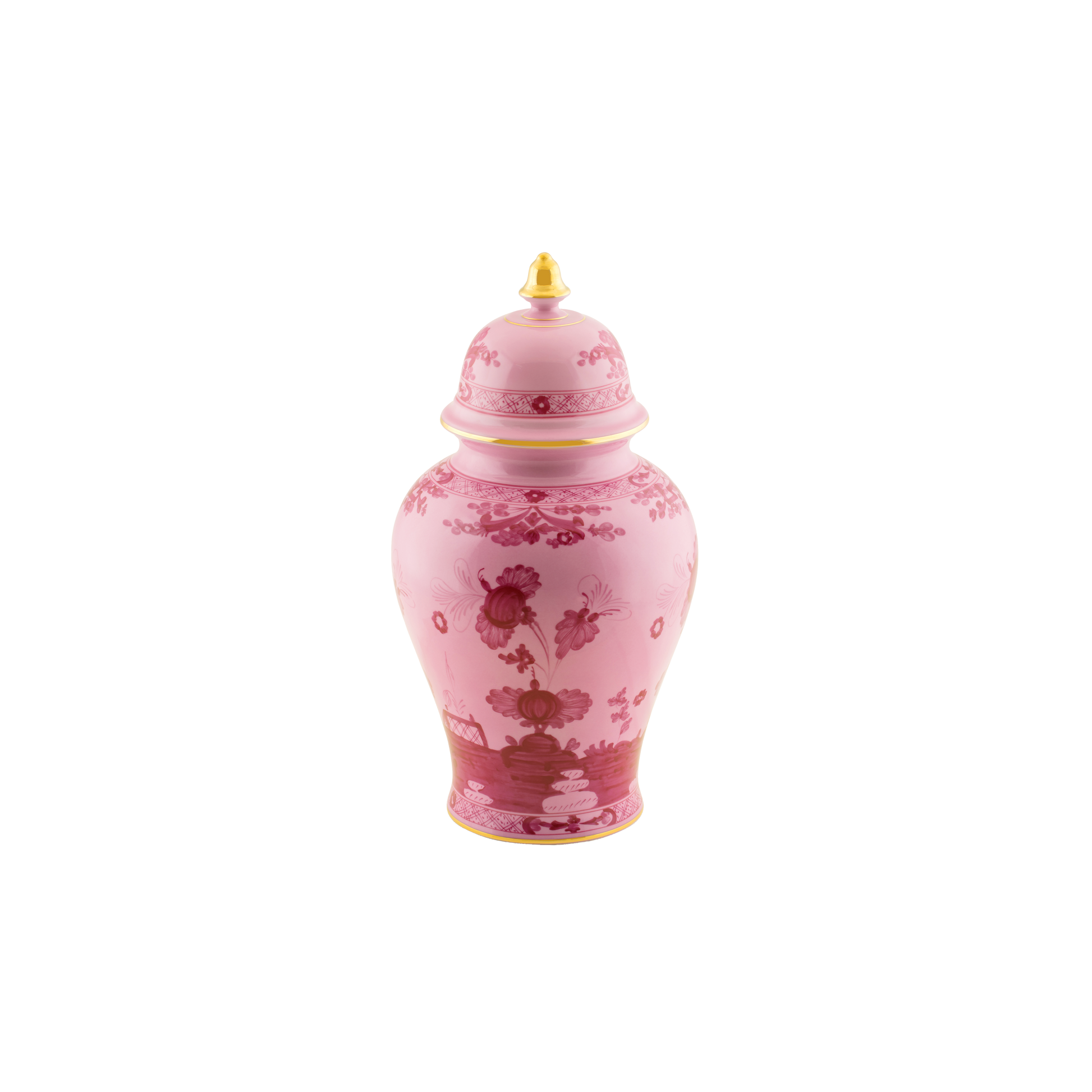 Porpora Potiche vase in porcelain with gold threading from the Oriente Italiano collection. Features the celebrated carnation motif in purple-pink porcelain, with exquisite gold threading on the vase and lid pommel