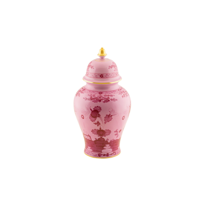 Porpora Potiche vase in porcelain with gold threading from the Oriente Italiano collection. Features the celebrated carnation motif in purple-pink porcelain, with exquisite gold threading on the vase and lid pommel