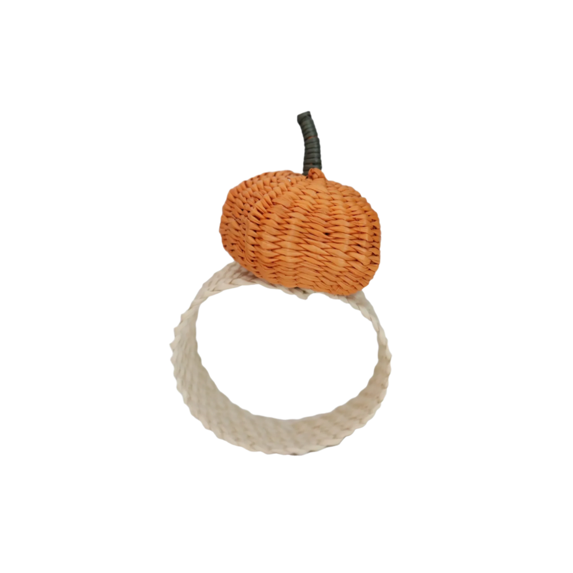 Handcrafted Pumpkin Napkin Ring made from Iraca Palm by artisans in Colombia. This charming autumn decor piece measures 2" x 1.5" and adds a festive touch to any table. Clean with a damp cloth or toothbrush to maintain its beauty.