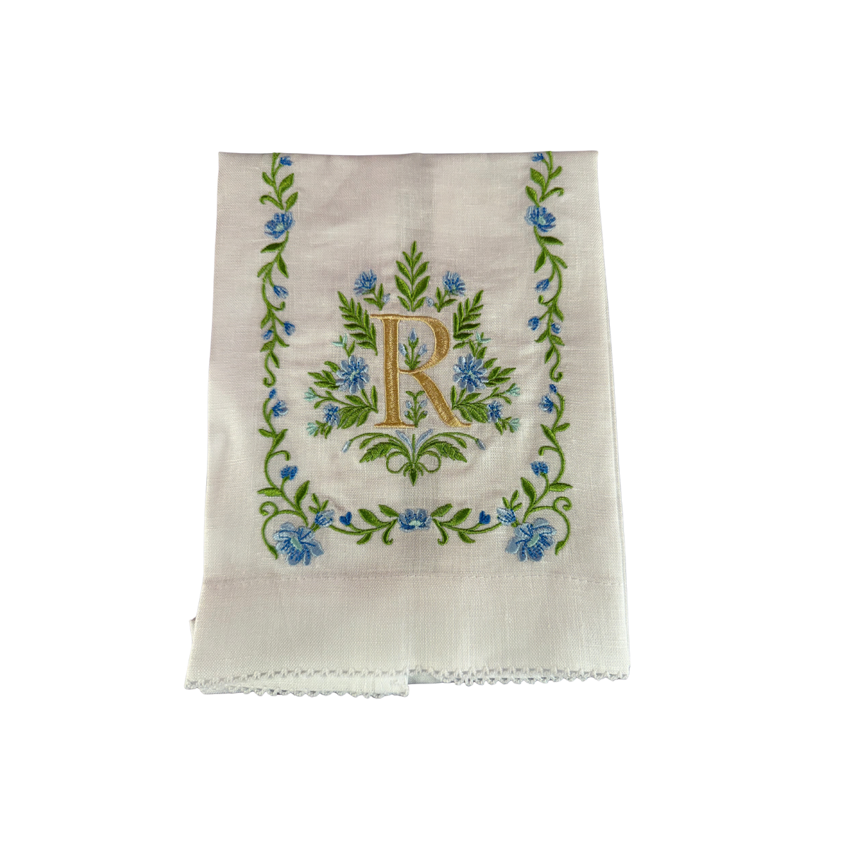Floral Embroidered Monogram Linen Towel - Blue