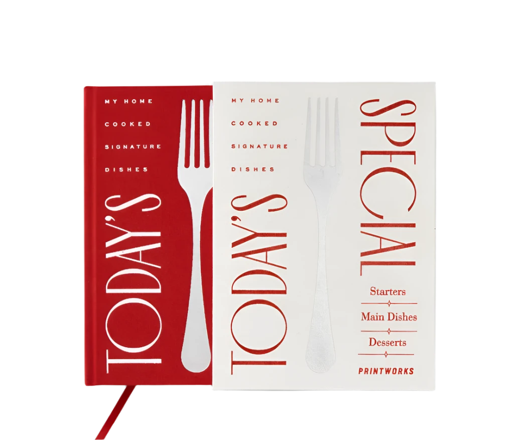 Elegant red recipe book with 50 sheets of wood-free paper, lined for ingredients and directions, stored in an ivory white slipcase for protection. Ideal for writing down your favorite dishes.