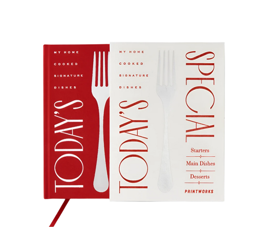 Elegant red recipe book with 50 sheets of wood-free paper, lined for ingredients and directions, stored in an ivory white slipcase for protection. Ideal for writing down your favorite dishes.