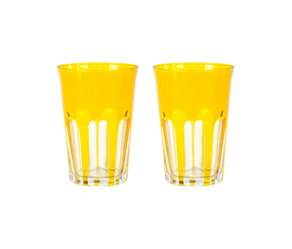 Rialto Tumbler in Ginger, set of 2 drinking glasses inspired by Venice's Rialto Bridge. Handcrafted in Turkey, each tumbler features unique color and cutwork. Perfect for water or wine. Hand-wash with a soft cloth and soapy water.