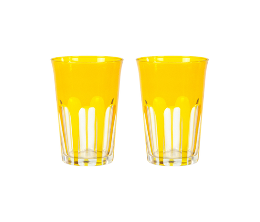 Rialto Tumbler in Ginger, set of 2 drinking glasses inspired by Venice's Rialto Bridge. Handcrafted in Turkey, each tumbler features unique color and cutwork. Perfect for water or wine. Hand-wash with a soft cloth and soapy water.