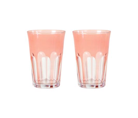 Rialto Tumbler in Kitten, set of 2 drinking glasses inspired by Venice's Rialto Bridge. Handcrafted in Turkey, each tumbler features unique color and cutwork. Perfect for water or wine. Hand-wash with a soft cloth and soapy water.